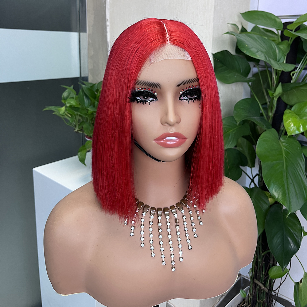 2x6 Red Colored Straight BOB Lace Closure Virgin Human Hair Wig
